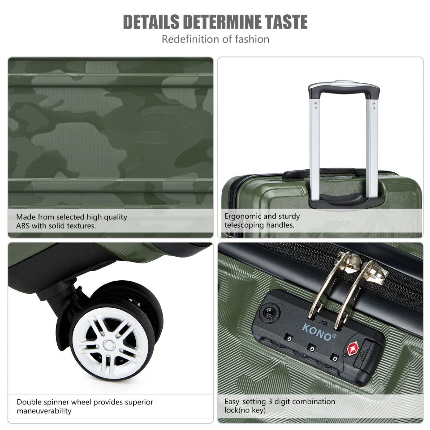 K1871-1L - KONO ABS 20 INCH SCULPTED HORIZONTAL DESIGN CABIN LUGGAGE - CAMOUFLAGE GREEN AND BLACK - The Baggage Shop