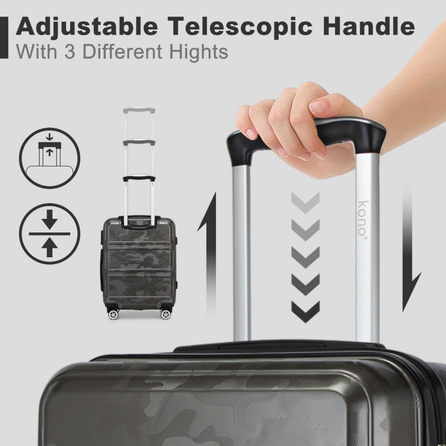 K1871-1L - KONO ABS 20 INCH SCULPTED HORIZONTAL DESIGN CABIN LUGGAGE - CAMOUFLAGE GREY AND BLACK - The Baggage Shop