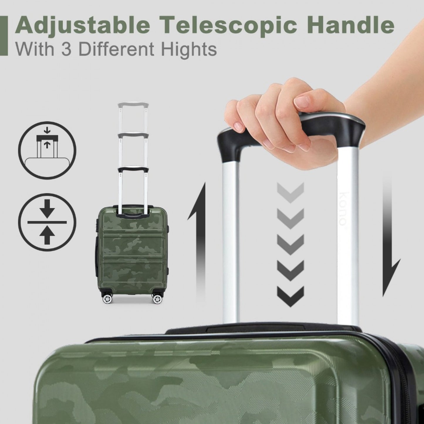 K1871-1L - KONO ABS 20 INCH SCULPTED HORIZONTAL DESIGN CABIN LUGGAGE - CAMOUFLAGE GREEN AND BLACK - The Baggage Shop