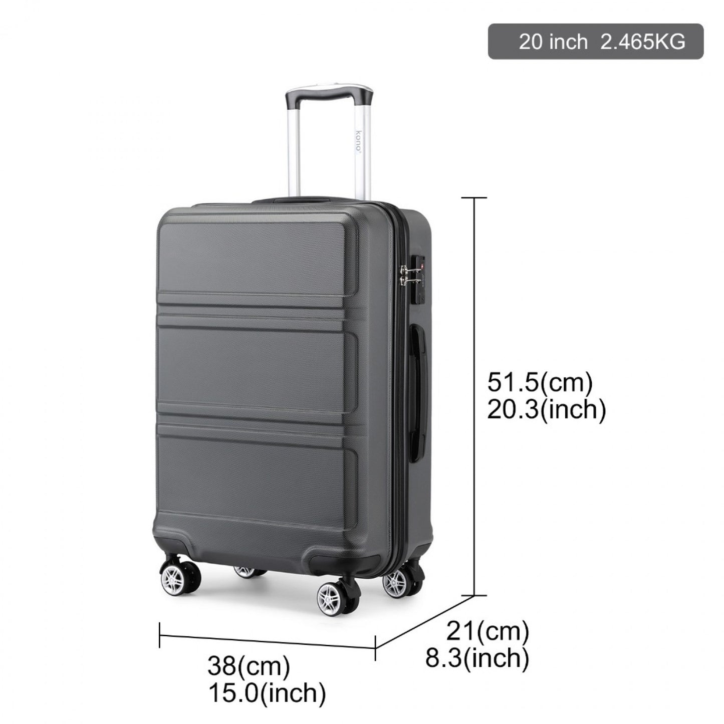 K1871-1L - KONO ABS 20 INCH SCULPTED HORIZONTAL DESIGN CABIN LUGGAGE - GREY - The Baggage Shop