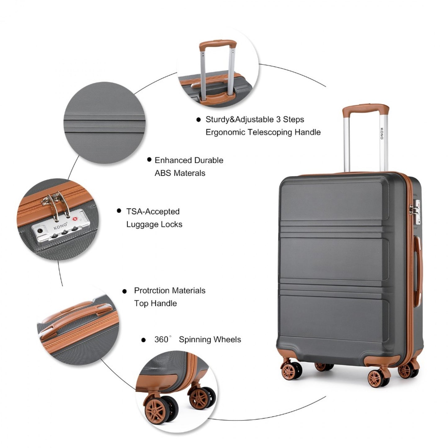 K1871-1L - KONO ABS 20 INCH SCULPTED HORIZONTAL DESIGN CABIN LUGGAGE - GREY AND BROWN - The Baggage Shop