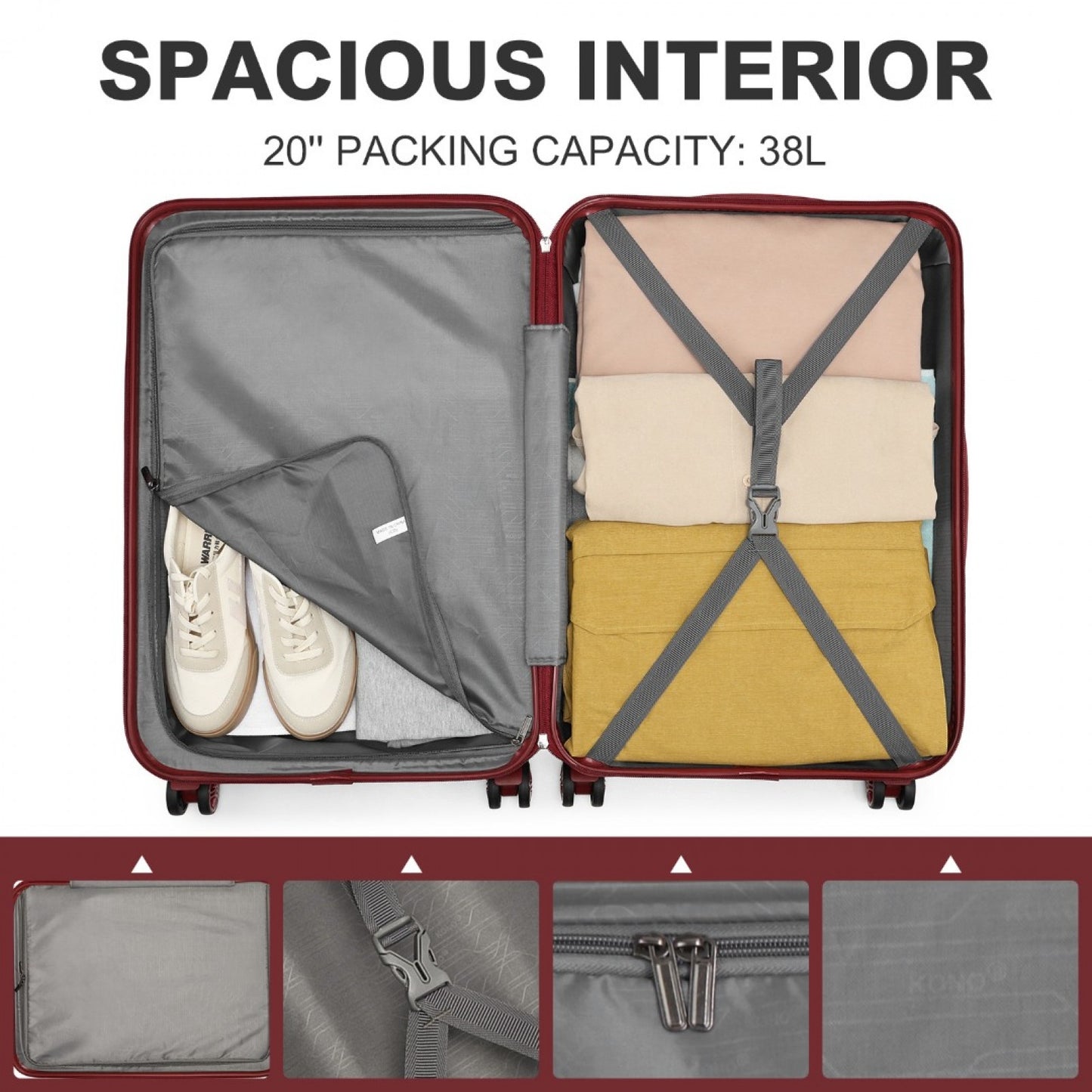 K1871-1L - KONO ABS 20 INCH SCULPTED HORIZONTAL DESIGN CABIN LUGGAGE - BURGUNDY - The Baggage Shop