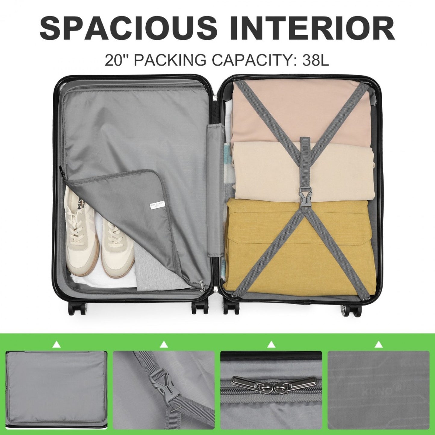 K1871-1L - KONO ABS 20 INCH SCULPTED HORIZONTAL DESIGN CABIN LUGGAGE - GREEN - The Baggage Shop