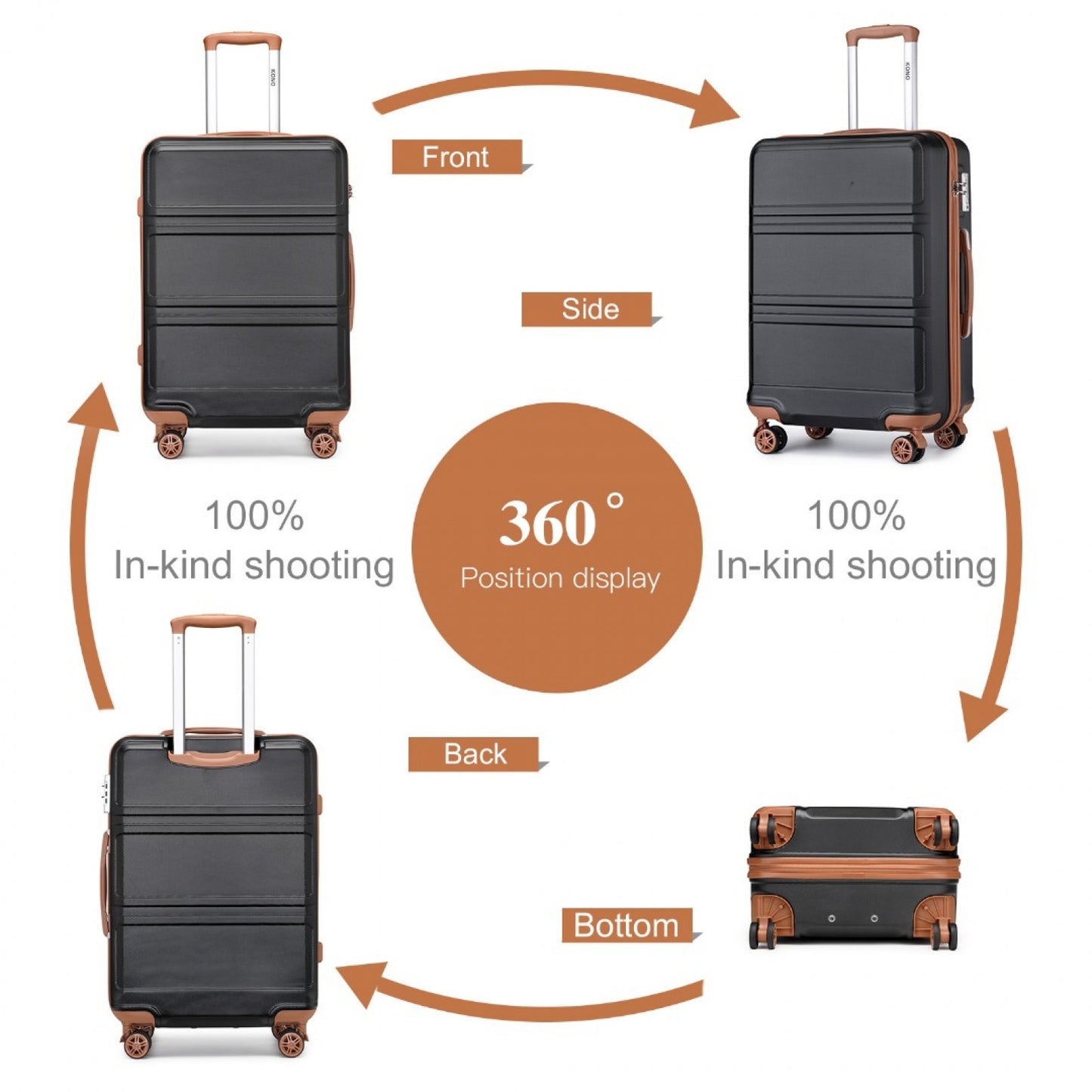 K1871-1L - KONO ABS 20 INCH SCULPTED HORIZONTAL DESIGN CABIN LUGGAGE - BLACK AND BROWN - The Baggage Shop