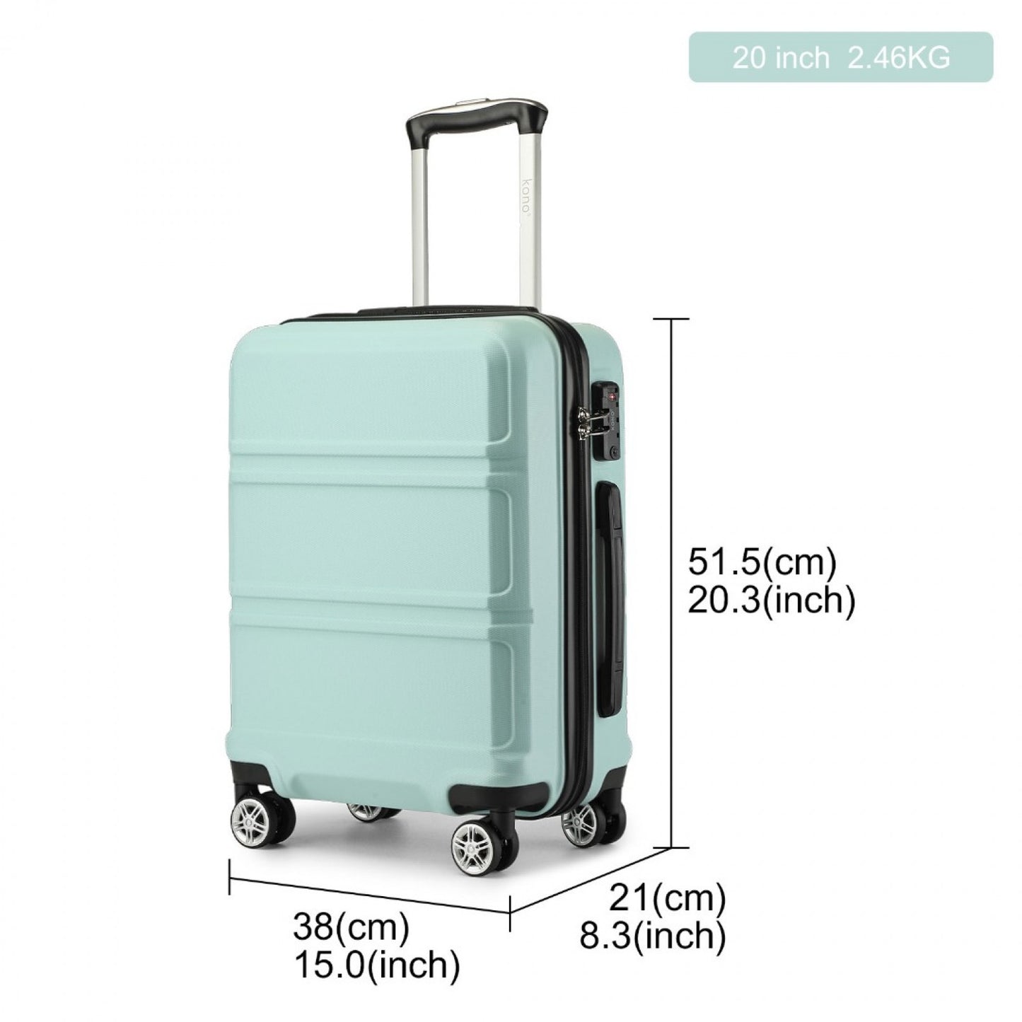 K1871-1L - KONO ABS 20 INCH SCULPTED HORIZONTAL DESIGN CABIN LUGGAGE - MINT GREEN - The Baggage Shop