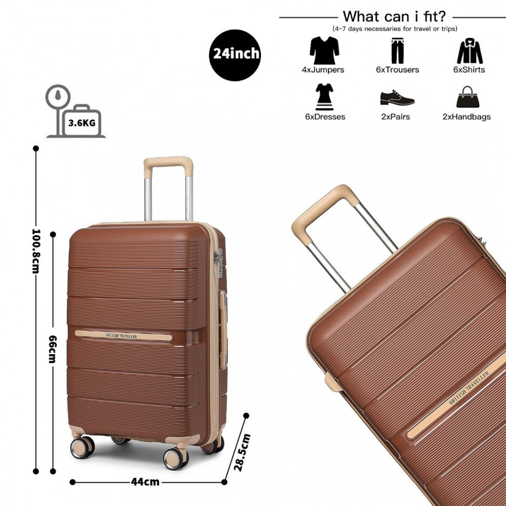 K2392L - BRITISH TRAVELLER 3 PCS MULTI-TEXTURE POLYPROPYLENE HARD SHELL SUITCASE WITH TSA LOCK - BROWN AND APRICOT - The Baggage Shop