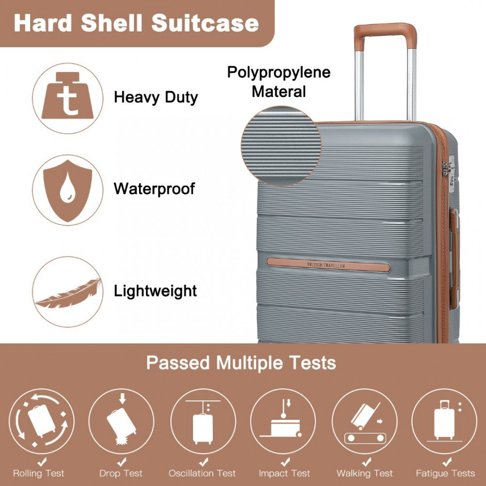 K2392L - BRITISH TRAVELLER 3 PCS MULTI-TEXTURE POLYPROPYLENE HARD SHELL SUITCASE WITH TSA LOCK - GREY AND BROWN - The Baggage Shop
