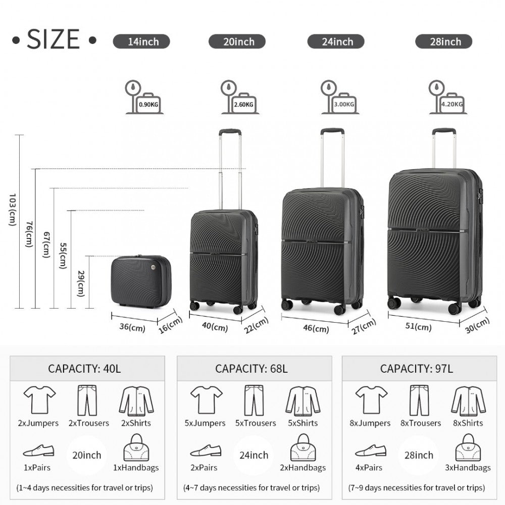K2393L - BRITISH TRAVELLER 4 PCS SET SPINNER HARD SHELL PP SUITCASE WITH TSA LOCK AND VANITY CASE - BLACK - The Baggage Shop