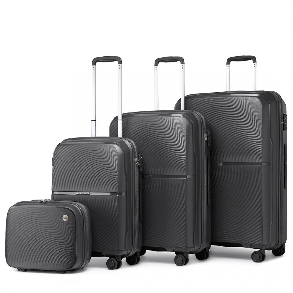 K2393L - BRITISH TRAVELLER 4 PCS SET SPINNER HARD SHELL PP SUITCASE WITH TSA LOCK AND VANITY CASE - BLACK - The Baggage Shop