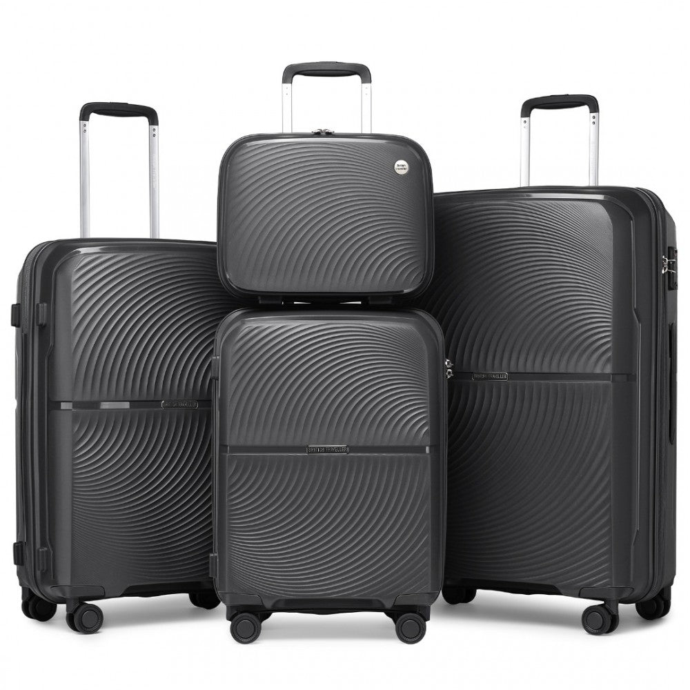 K2393L - BRITISH TRAVELLER 4 PCS SET SPINNER HARD SHELL PP SUITCASE WITH TSA LOCK AND VANITY CASE - BLACK - The Baggage Shop