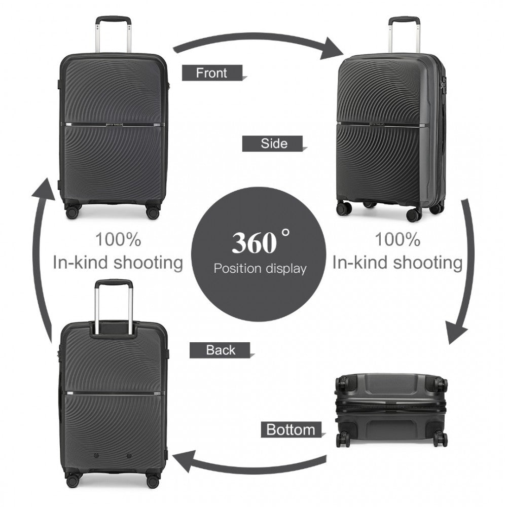 K2393L - BRITISH TRAVELLER 4 PCS SET SPINNER HARD SHELL PP SUITCASE WITH TSA LOCK AND VANITY CASE - BLACK - The Baggage Shop
