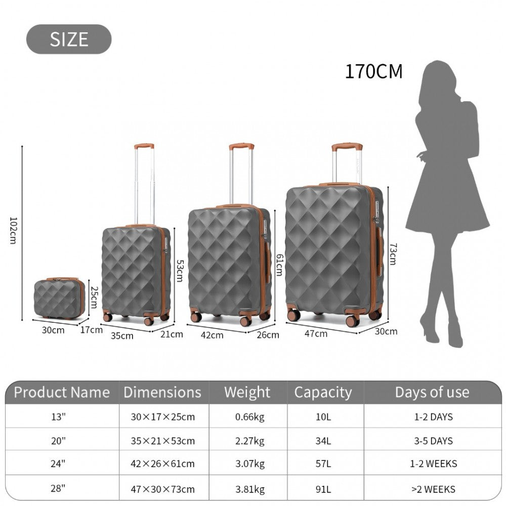 K2395L - BRITISH TRAVELLER ULTRALIGHT ABS AND POLYCARBONATE BUMPY DIAMOND 4 PCS LUGGAGE SET WITH TSA LOCK - GREY AND BROWN - The Baggage Shop