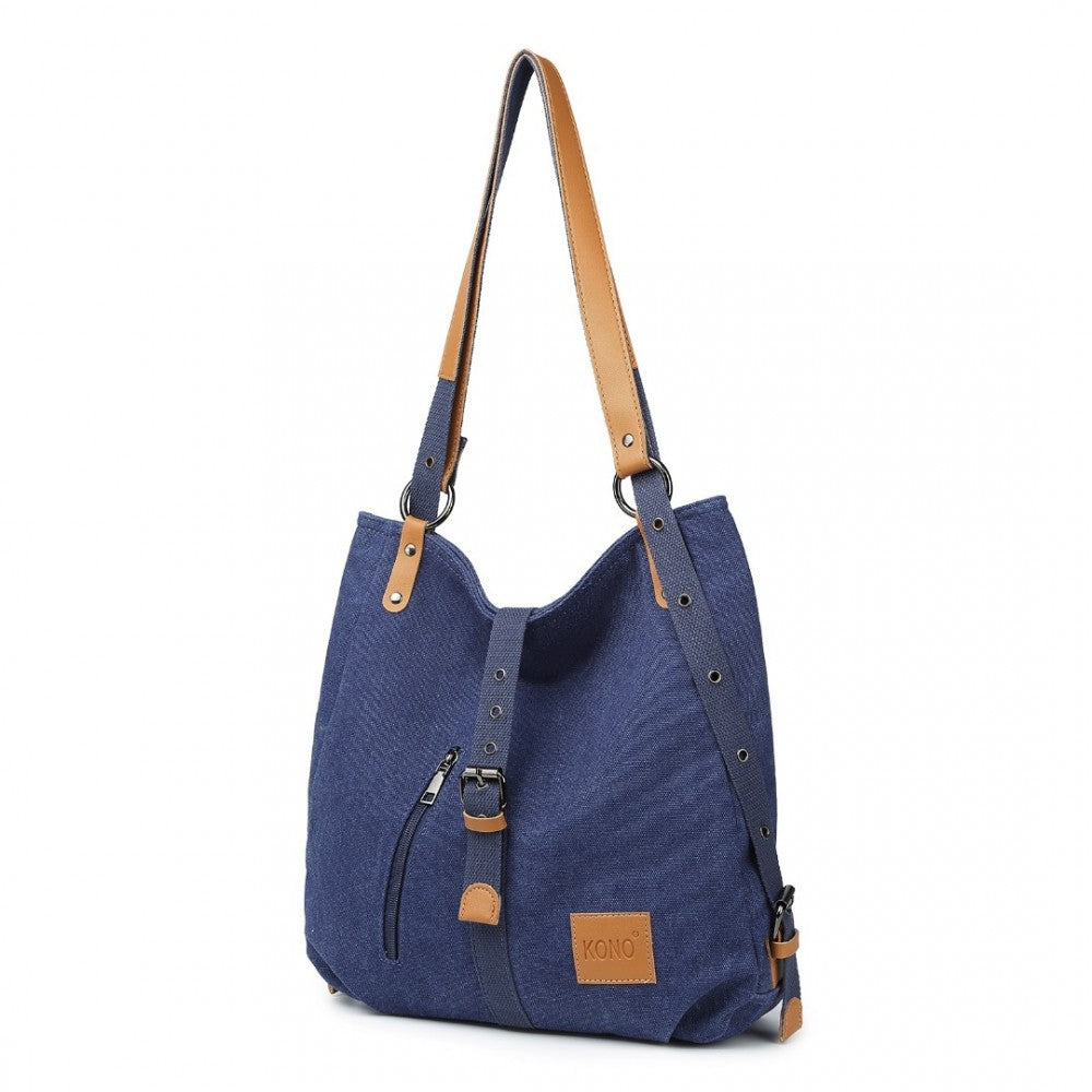 E6850 - KONO CANVAS HOBO SLOUCH SHOULDER BAG AND BACKPACK - BLUE - The Baggage Shop