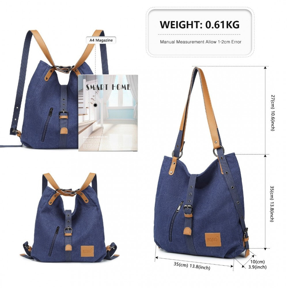 E6850 - KONO CANVAS HOBO SLOUCH SHOULDER BAG AND BACKPACK - BLUE - The Baggage Shop