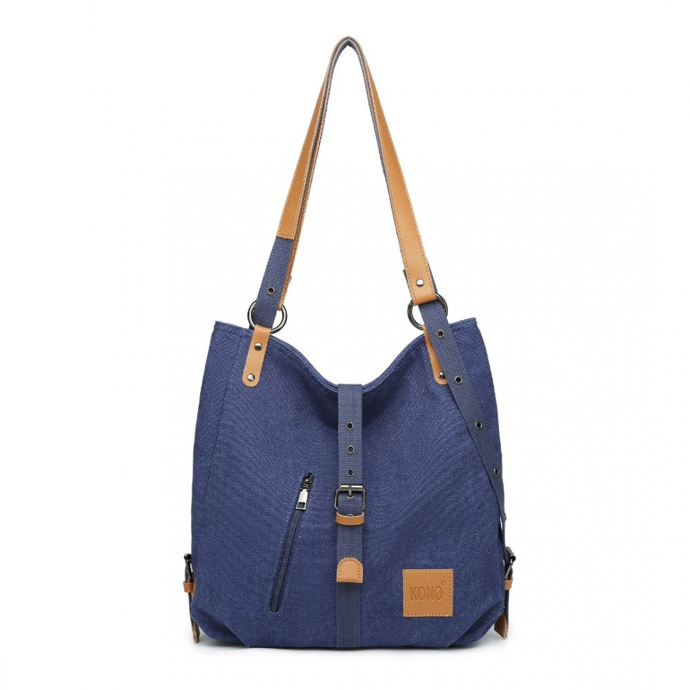 E6850 - KONO CANVAS HOBO SLOUCH SHOULDER BAG AND BACKPACK - BLUE - The Baggage Shop