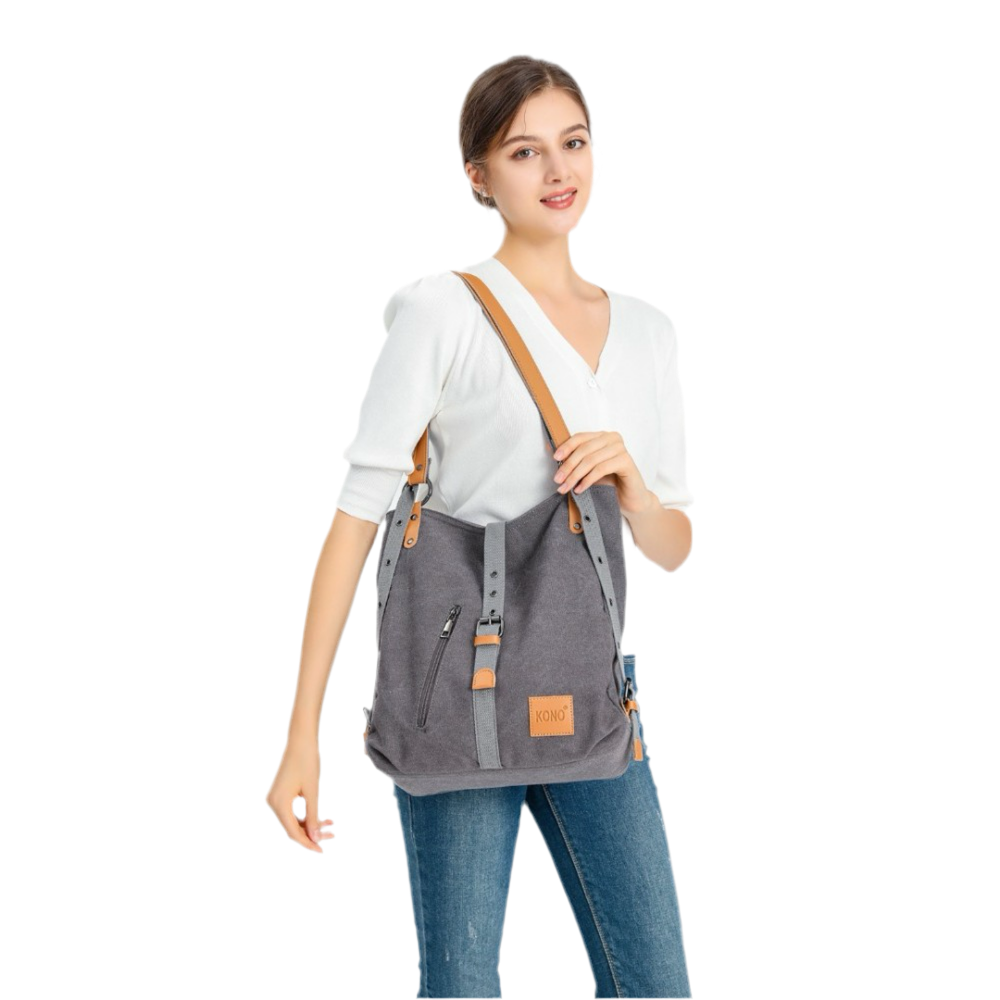 E6850 - KONO CANVAS HOBO SLOUCH SHOULDER BAG AND BACKPACK - GREY - The Baggage Shop