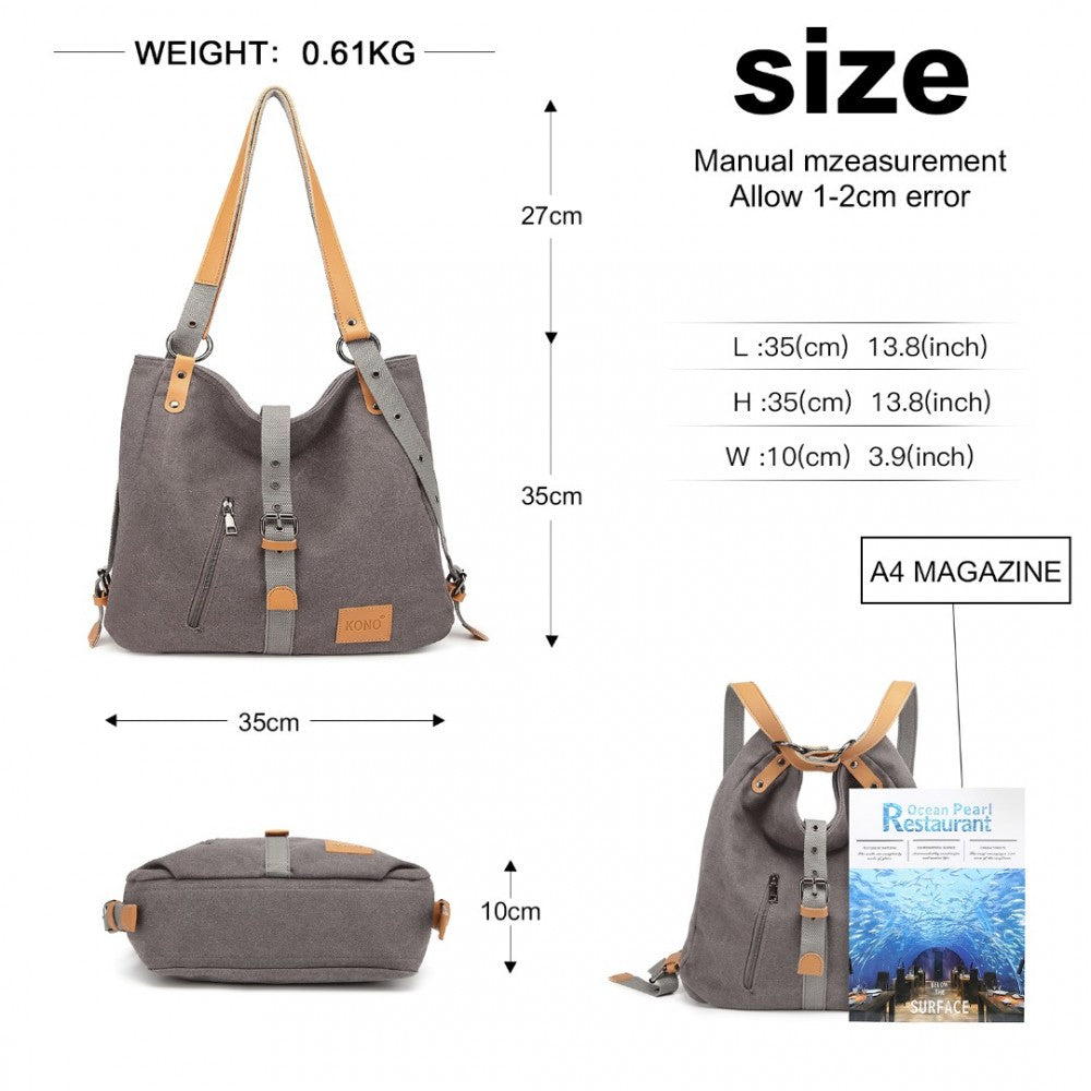 E6850 - KONO CANVAS HOBO SLOUCH SHOULDER BAG AND BACKPACK - GREY - The Baggage Shop