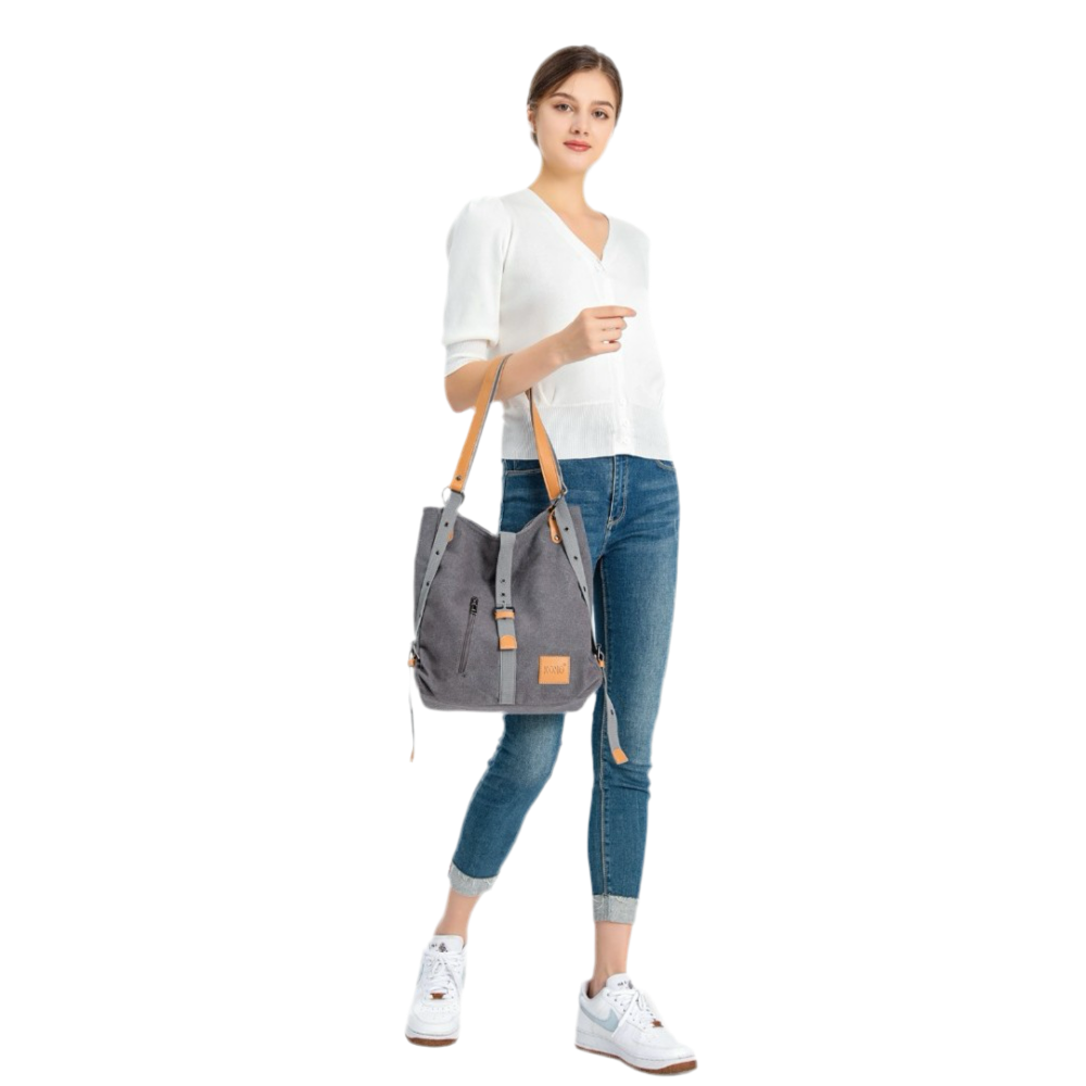 E6850 - KONO CANVAS HOBO SLOUCH SHOULDER BAG AND BACKPACK - GREY - The Baggage Shop