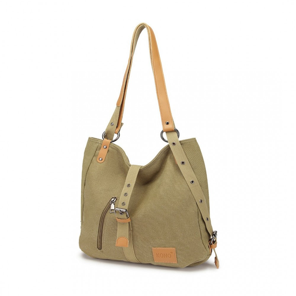 E6850 - KONO CANVAS HOBO SLOUCH SHOULDER BAG AND BACKPACK - KHAKI - The Baggage Shop