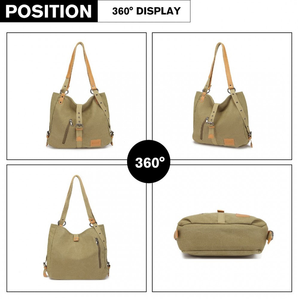 E6850 - KONO CANVAS HOBO SLOUCH SHOULDER BAG AND BACKPACK - KHAKI - The Baggage Shop