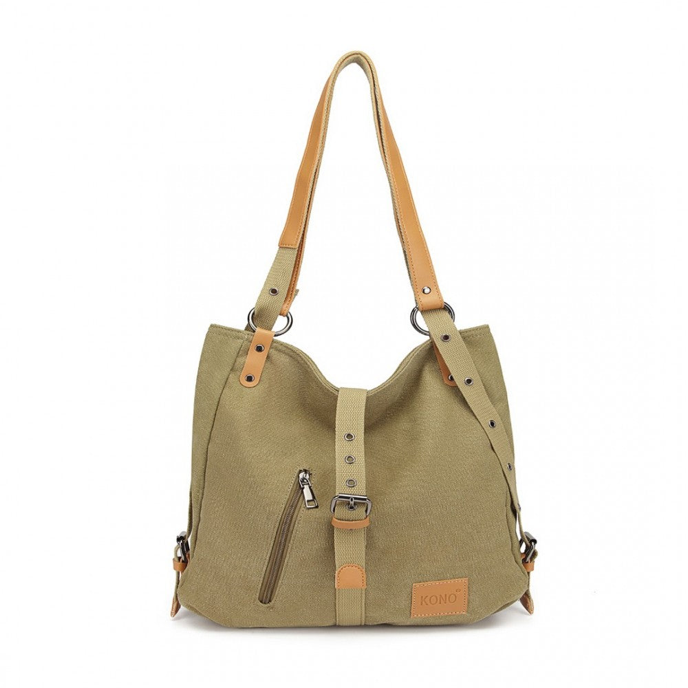 E6850 - KONO CANVAS HOBO SLOUCH SHOULDER BAG AND BACKPACK - KHAKI - The Baggage Shop