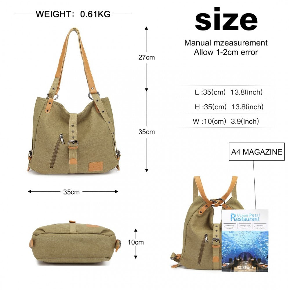 E6850 - KONO CANVAS HOBO SLOUCH SHOULDER BAG AND BACKPACK - KHAKI - The Baggage Shop