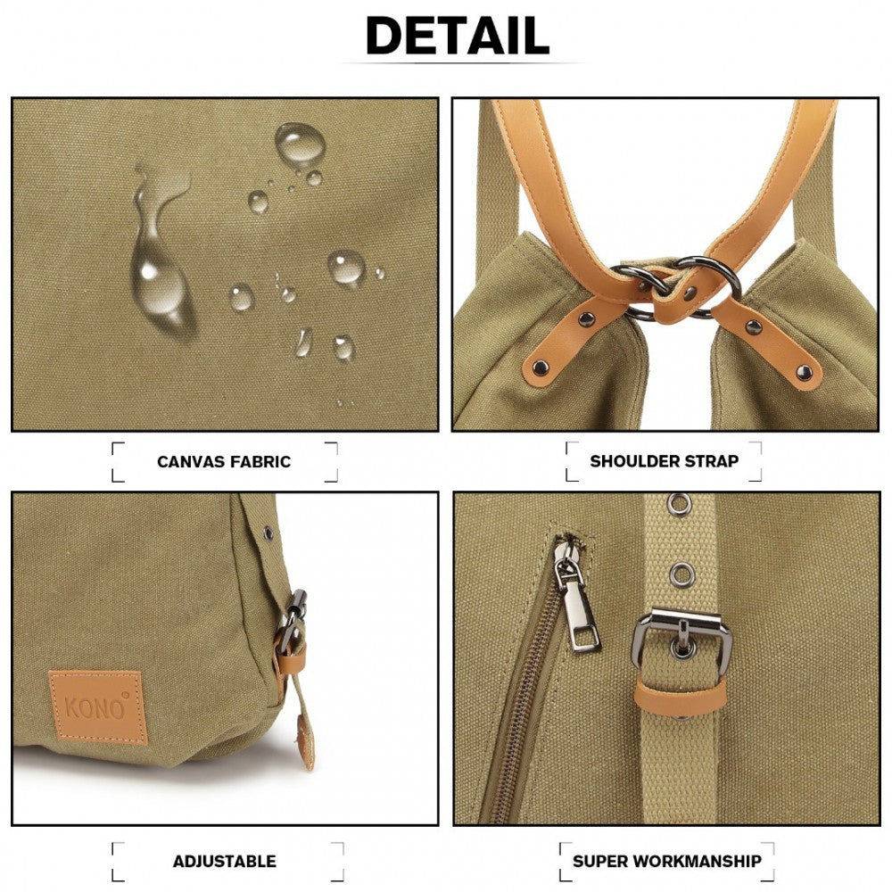 E6850 - KONO CANVAS HOBO SLOUCH SHOULDER BAG AND BACKPACK - KHAKI - The Baggage Shop
