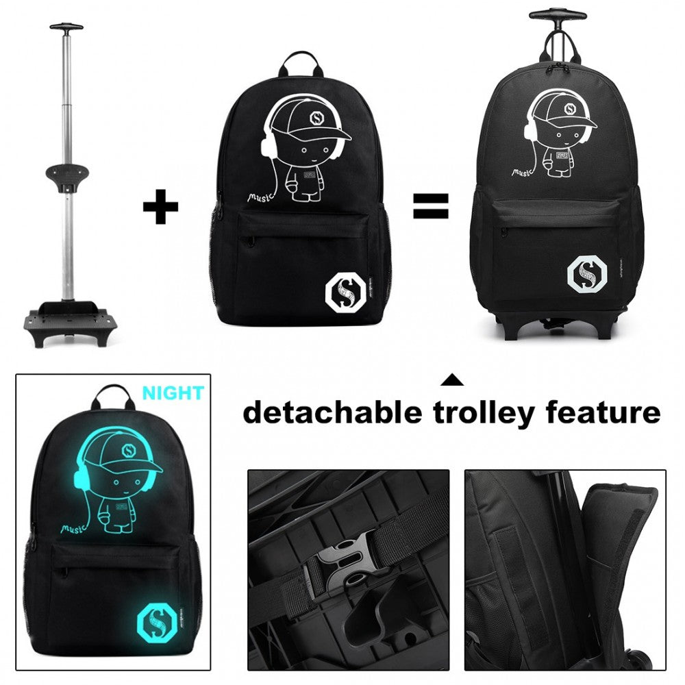 E6877 - KONO MULTI-FUNCTIONAL GLOW-IN-THE-DARK TROLLEY BACKPACK - BLACK - The Baggage Shop