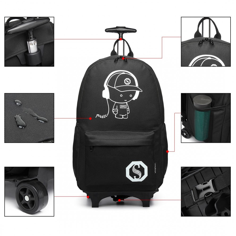 E6877 - KONO MULTI-FUNCTIONAL GLOW-IN-THE-DARK TROLLEY BACKPACK - BLACK - The Baggage Shop