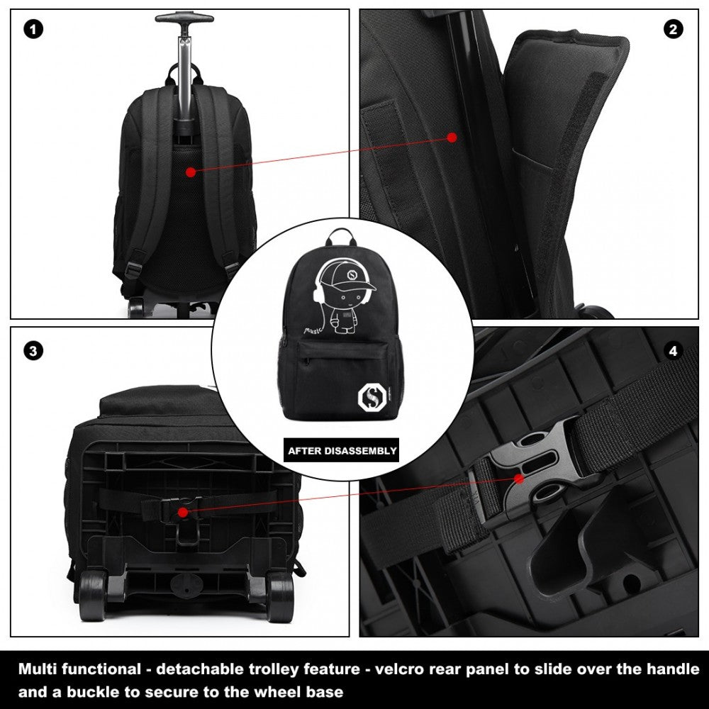 E6877 - KONO MULTI-FUNCTIONAL GLOW-IN-THE-DARK TROLLEY BACKPACK - BLACK - The Baggage Shop