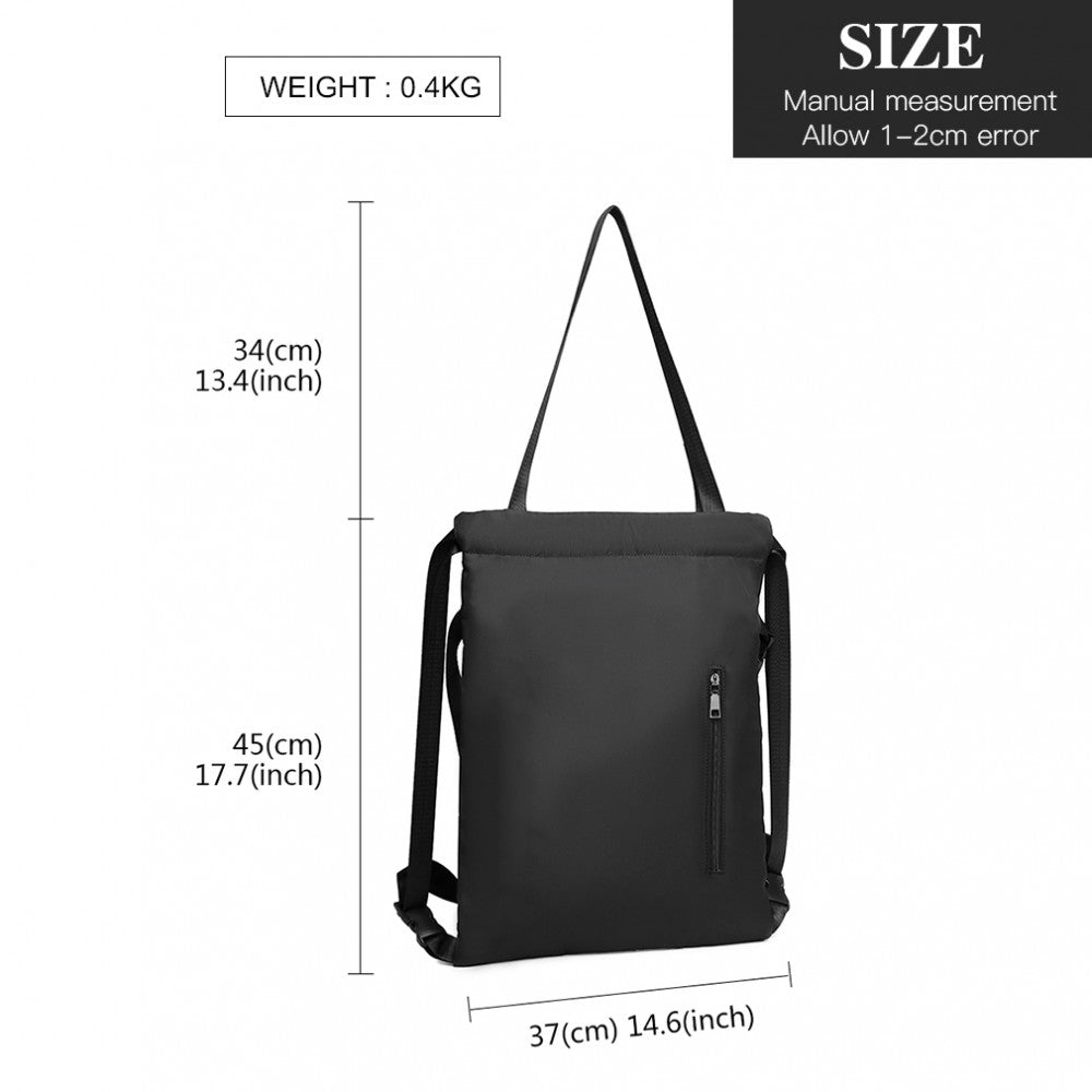 E6912 - KONO NYLON MULTI WAY DRAWSTRING BACKPACK SHOULDER BAG - BLACK - The Baggage Shop