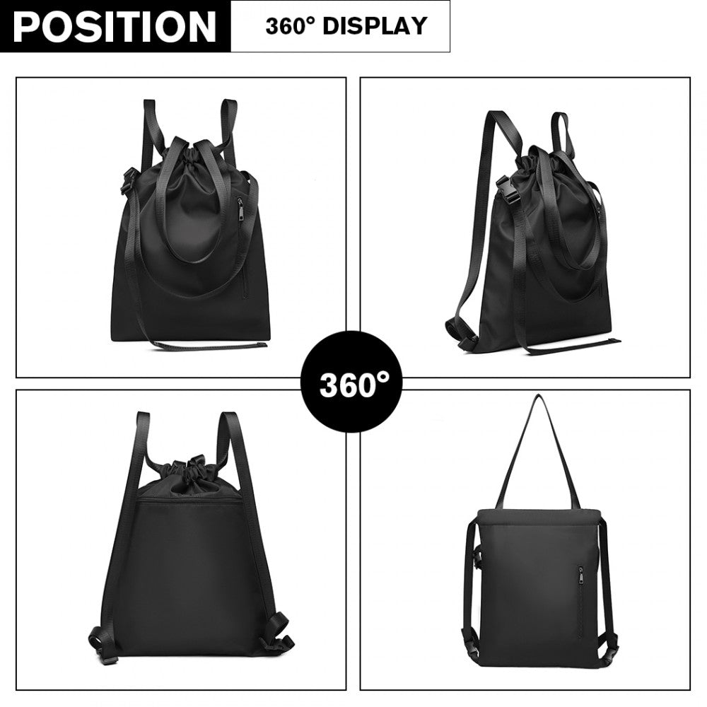 E6912 - KONO NYLON MULTI WAY DRAWSTRING BACKPACK SHOULDER BAG - BLACK - The Baggage Shop