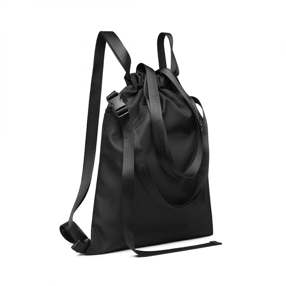 E6912 - KONO NYLON MULTI WAY DRAWSTRING BACKPACK SHOULDER BAG - BLACK - The Baggage Shop