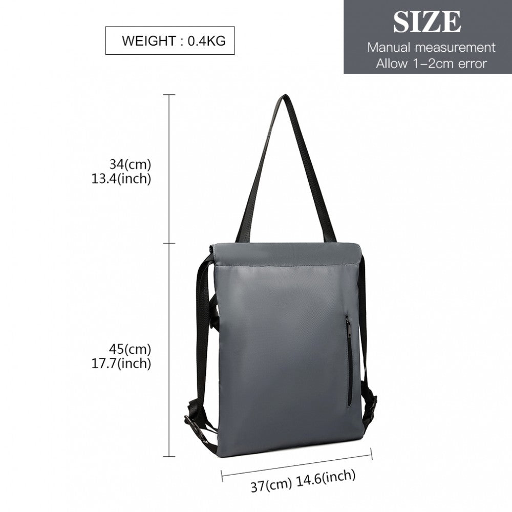 E6912 - KONO NYLON MULTI WAY DRAWSTRING BACKPACK SHOULDER BAG - GREY - The Baggage Shop