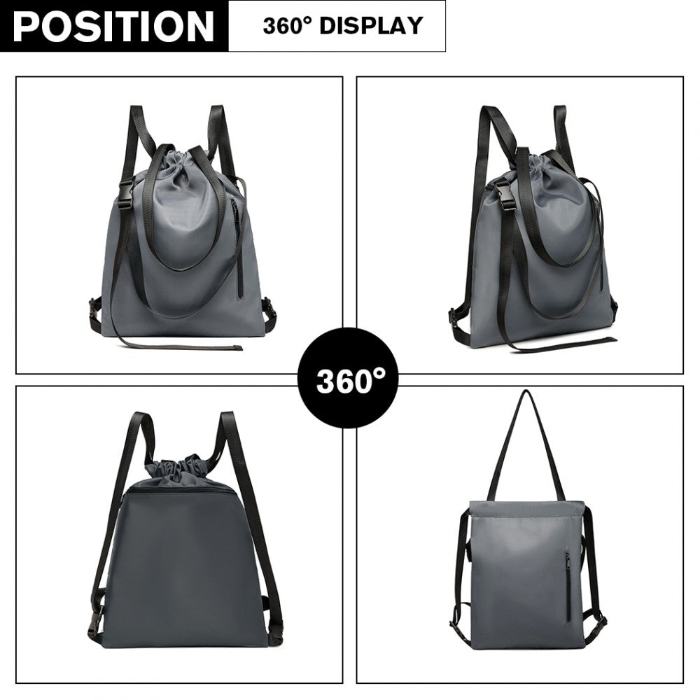 E6912 - KONO NYLON MULTI WAY DRAWSTRING BACKPACK SHOULDER BAG - GREY - The Baggage Shop