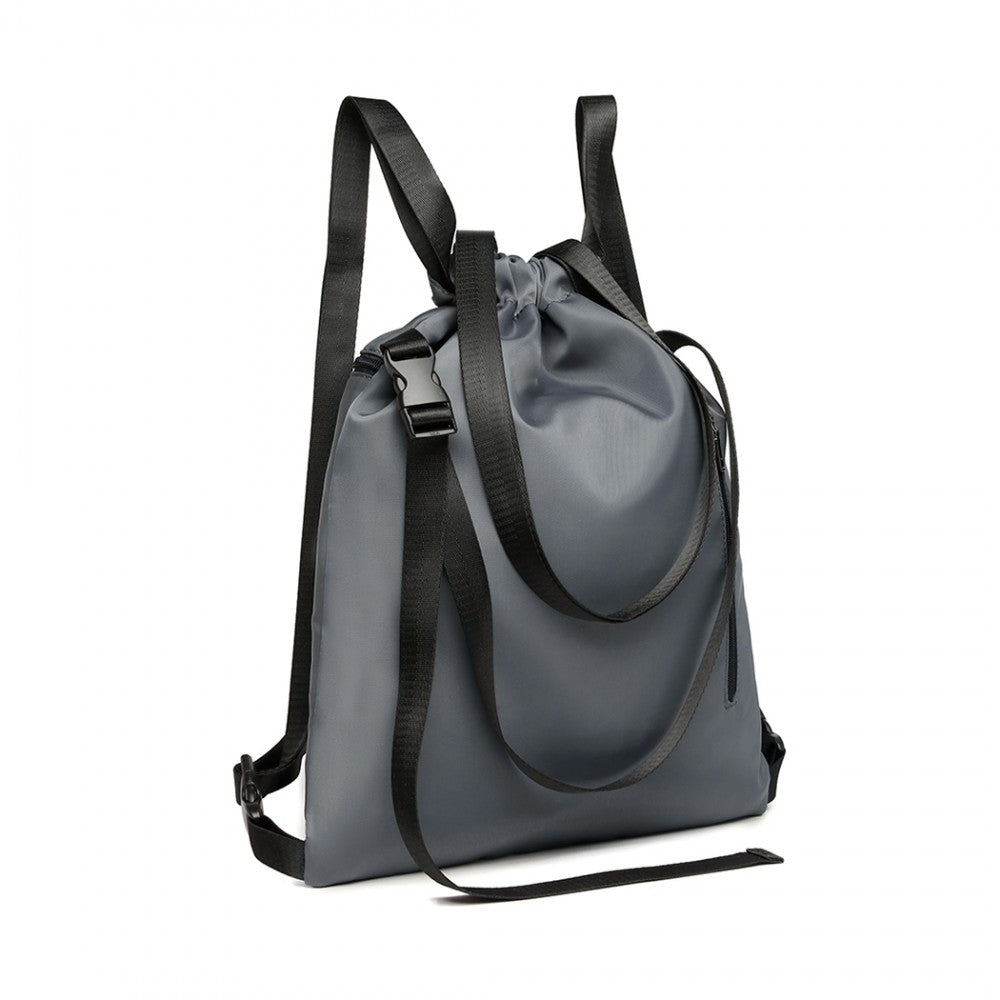 E6912 - KONO NYLON MULTI WAY DRAWSTRING BACKPACK SHOULDER BAG - GREY - The Baggage Shop