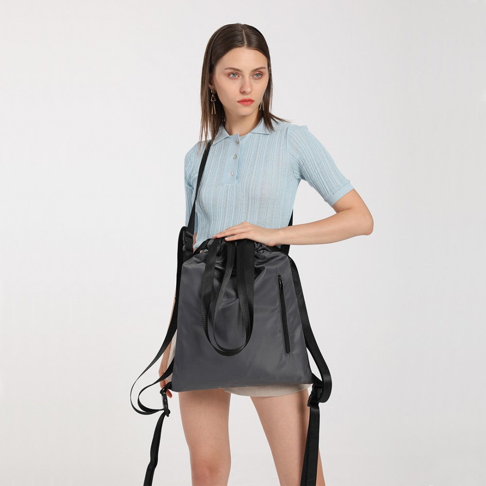 E6912 - KONO NYLON MULTI WAY DRAWSTRING BACKPACK SHOULDER BAG - GREY - The Baggage Shop
