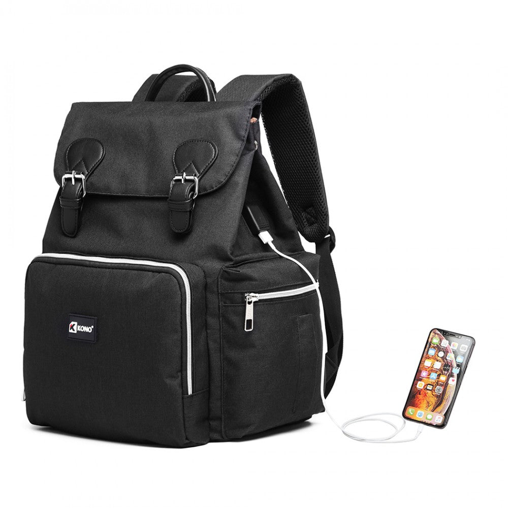 E1976 - KONO TRAVEL BABY CHANGING BACKPACK WITH USB CHARGING INTERFACE - BLACK - The Baggage Shop