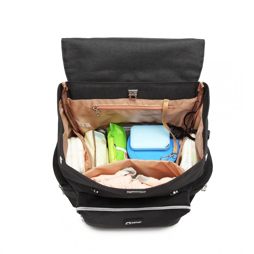 E1976 - KONO TRAVEL BABY CHANGING BACKPACK WITH USB CHARGING INTERFACE - BLACK - The Baggage Shop
