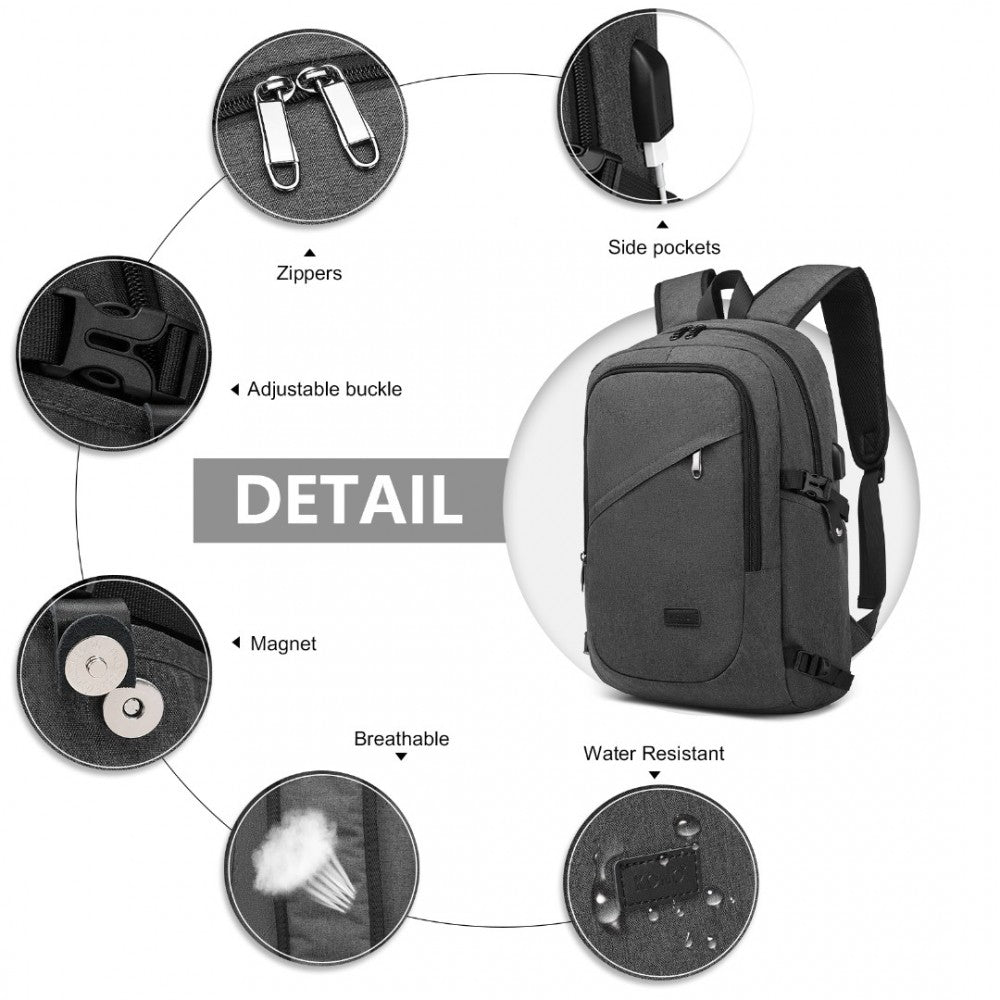 E6715 - KONO BUSINESS LAPTOP BACKPACK WITH USB CHARGING PORT - DARK GREY - The Baggage Shop