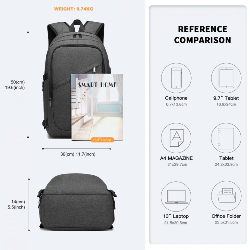 E6715 - KONO BUSINESS LAPTOP BACKPACK WITH USB CHARGING PORT - DARK GREY - The Baggage Shop