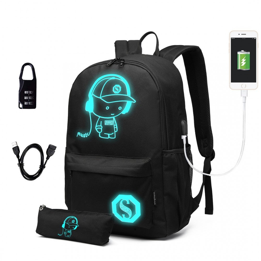 E6879 - KONO GLOW IN THE DARK WATERPROOF USB CHARGING BACKPACK WITH PENCIL CASE - BLACK - The Baggage Shop