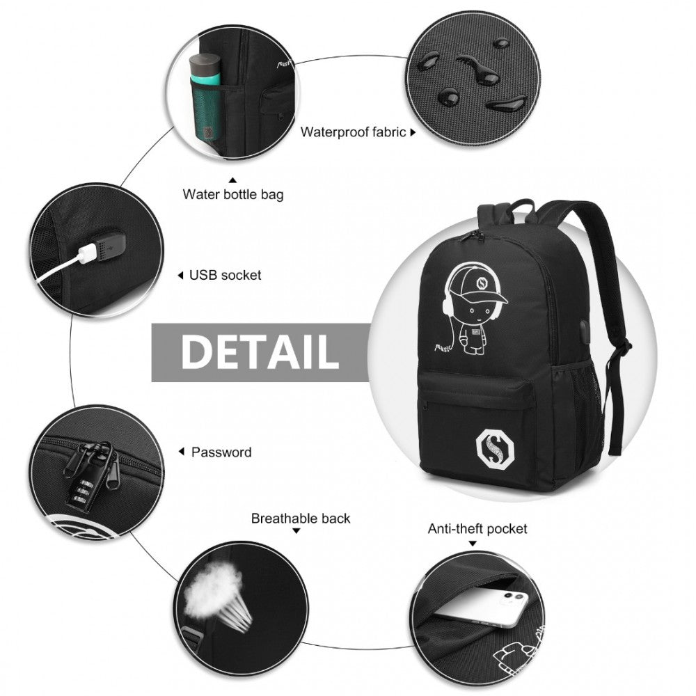 E6879 - KONO GLOW IN THE DARK WATERPROOF USB CHARGING BACKPACK WITH PENCIL CASE - BLACK - The Baggage Shop