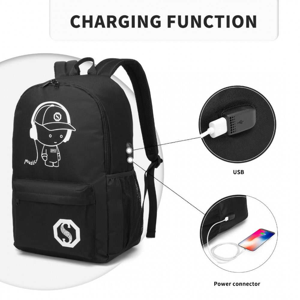 E6879 - KONO GLOW IN THE DARK WATERPROOF USB CHARGING BACKPACK WITH PENCIL CASE - BLACK - The Baggage Shop