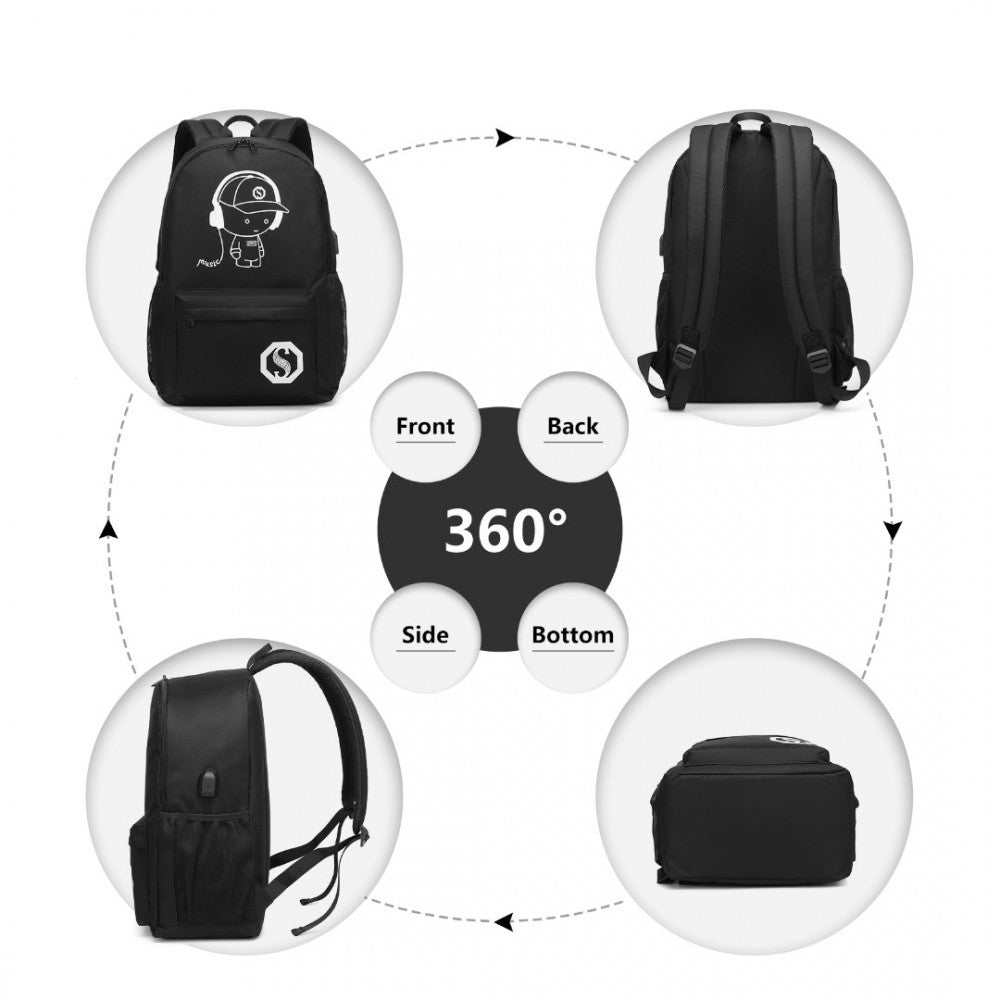 E6879 - KONO GLOW IN THE DARK WATERPROOF USB CHARGING BACKPACK WITH PENCIL CASE - BLACK - The Baggage Shop