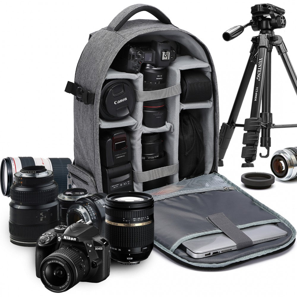 E6928 - KONO WATER RESISTANT SHOCKPROOF DSLR CAMERA BACKPACK - GREY - The Baggage Shop