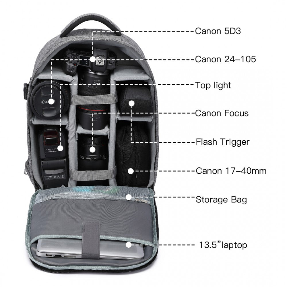 E6928 - KONO WATER RESISTANT SHOCKPROOF DSLR CAMERA BACKPACK - GREY - The Baggage Shop