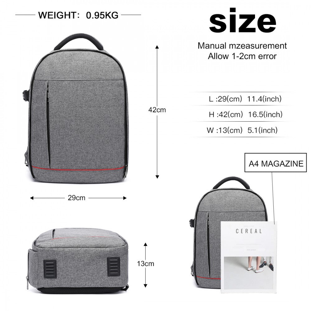 E6928 - KONO WATER RESISTANT SHOCKPROOF DSLR CAMERA BACKPACK - GREY - The Baggage Shop