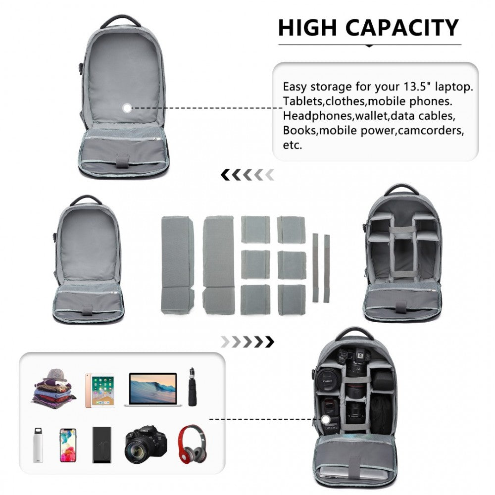 E6928 - KONO WATER RESISTANT SHOCKPROOF DSLR CAMERA BACKPACK - LIGHT GREY - The Baggage Shop