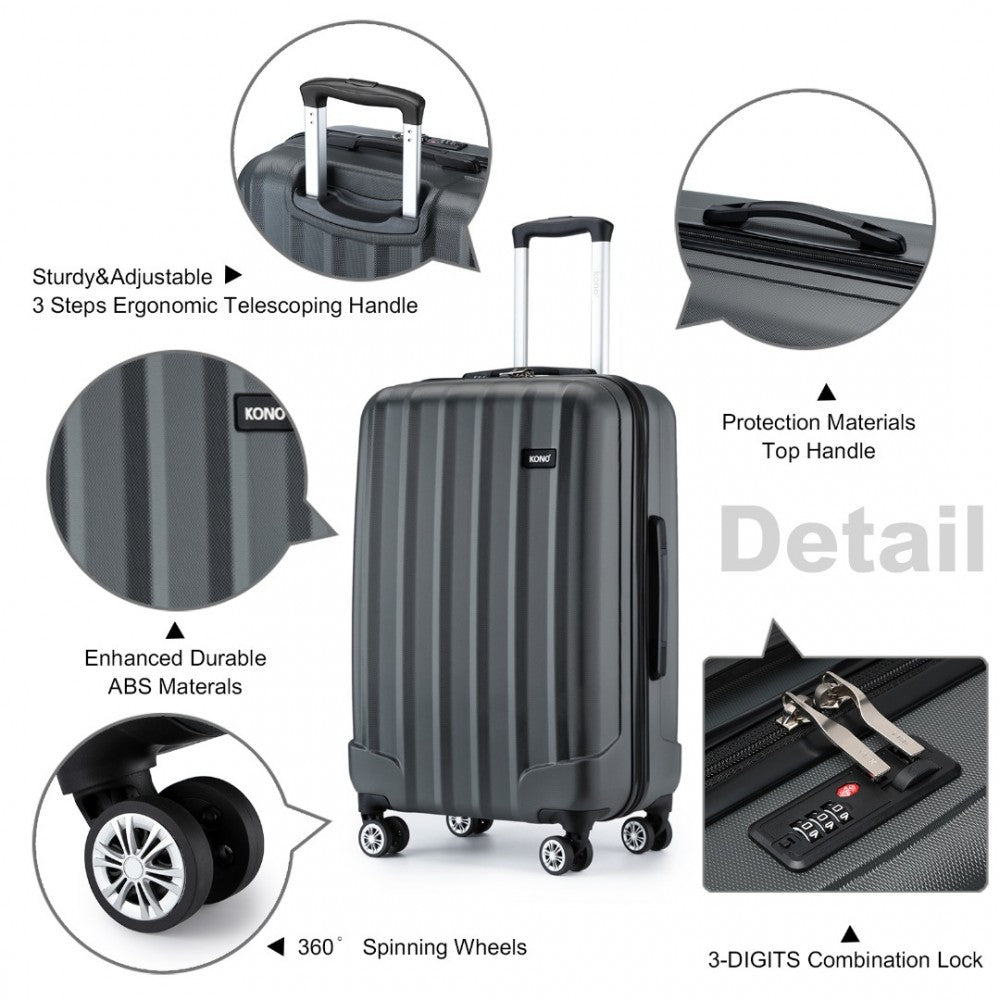 K1773-1L - KONO 19/24/28 INCH 3 PIECE SET STRIPED ABS HARD SHELL LUGGAGE WITH 360-DEGREE SPINNER WHEELS - GREY - The Baggage Shop